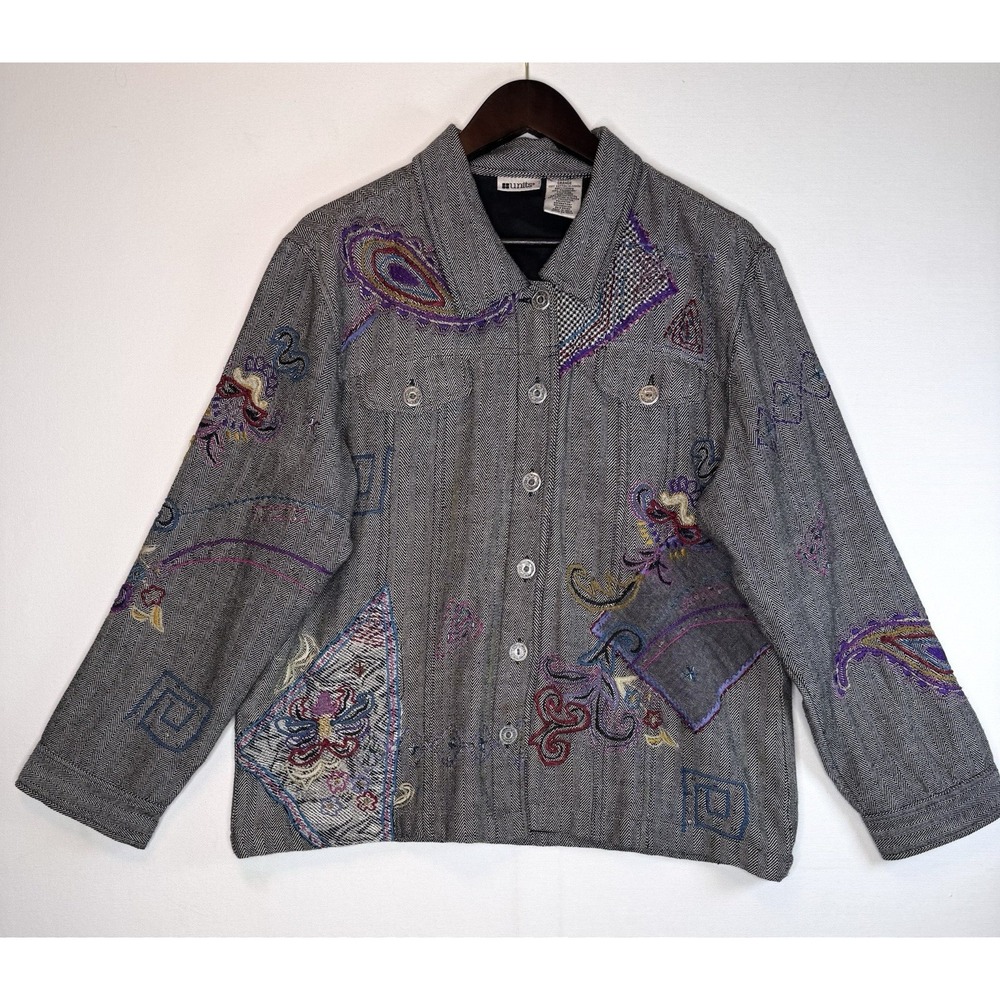 Units Button Front Embroidered Shirt Jacket Lightweight Pockets Artsy Funky Sz L